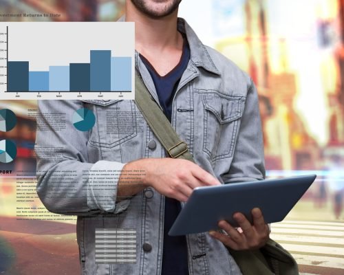 composite of man using tablet computer with graph